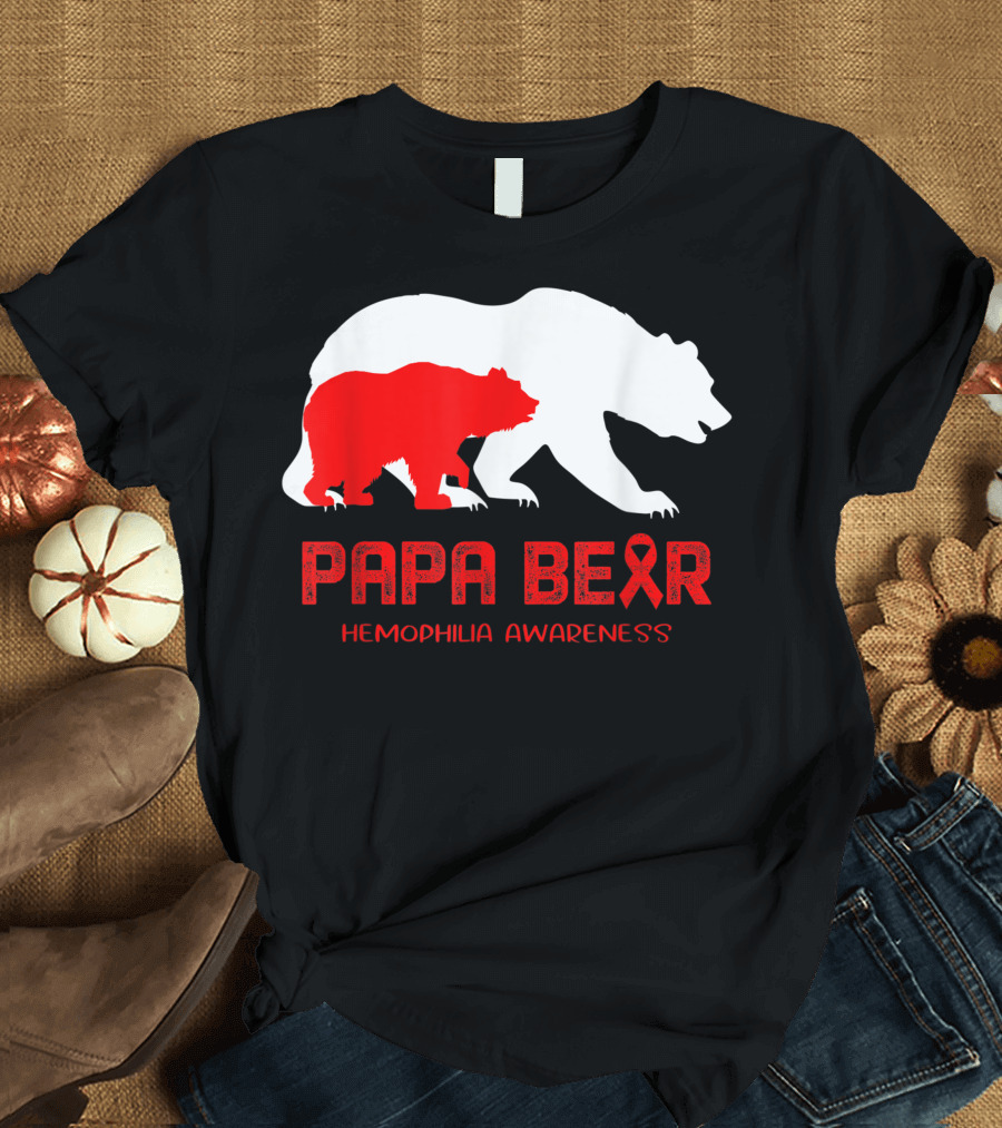 Papa Bear Hemophilia Awareness with Red Ribbon and Bear T-Shirt