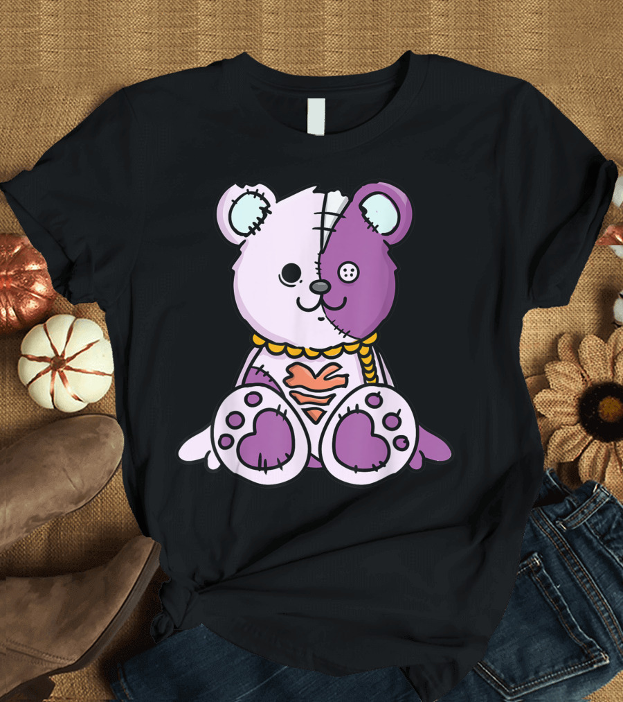 Pastel Goth Patchwork Teddy Bear with Heart and Button Eye T-Shirt