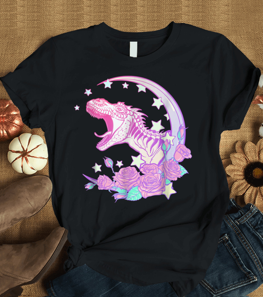 Pastel Goth T-Rex with Stars and Roses Vaporwave Aesthetic T-Shirt