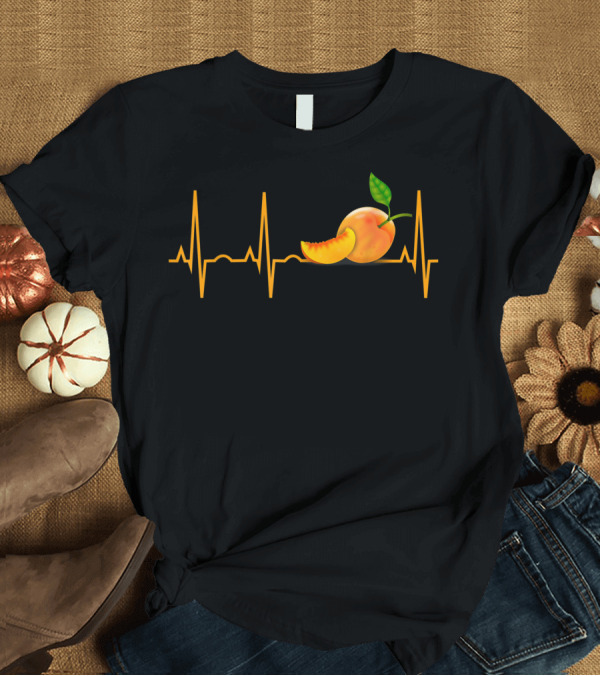 T-Shirt: Peach Lover Fruit Heartbeat with Peach Slice and Green Leaf T-Shirt Peach Lover Fruit Heartbeat with Peach Slice and Green Leaf T-Shirt