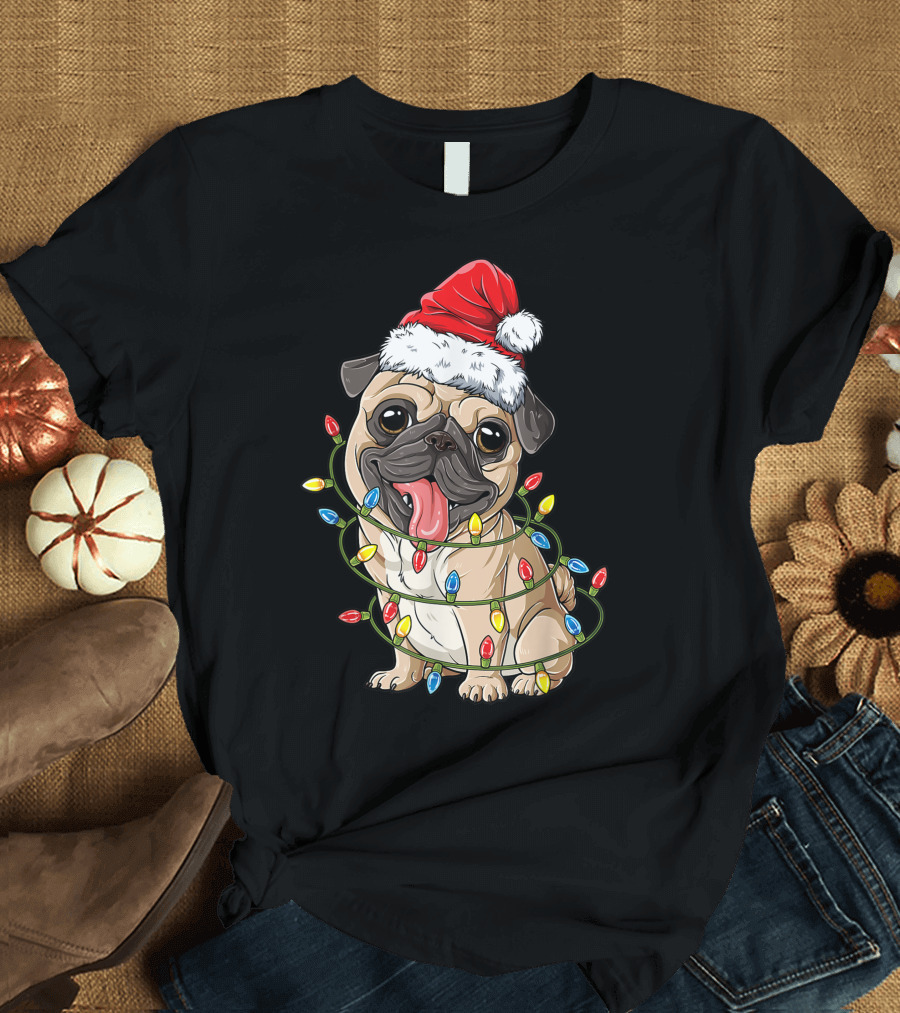 Pug Wrapped in Christmas Lights Wearing Santa Hat Pugmas Boys Xmas Dog T-Shirt