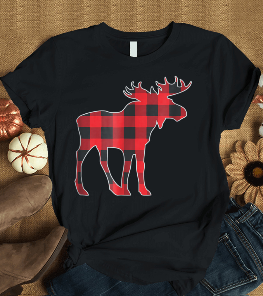 Red Moose Christmas Buffalo Plaid Matching T-Shirt