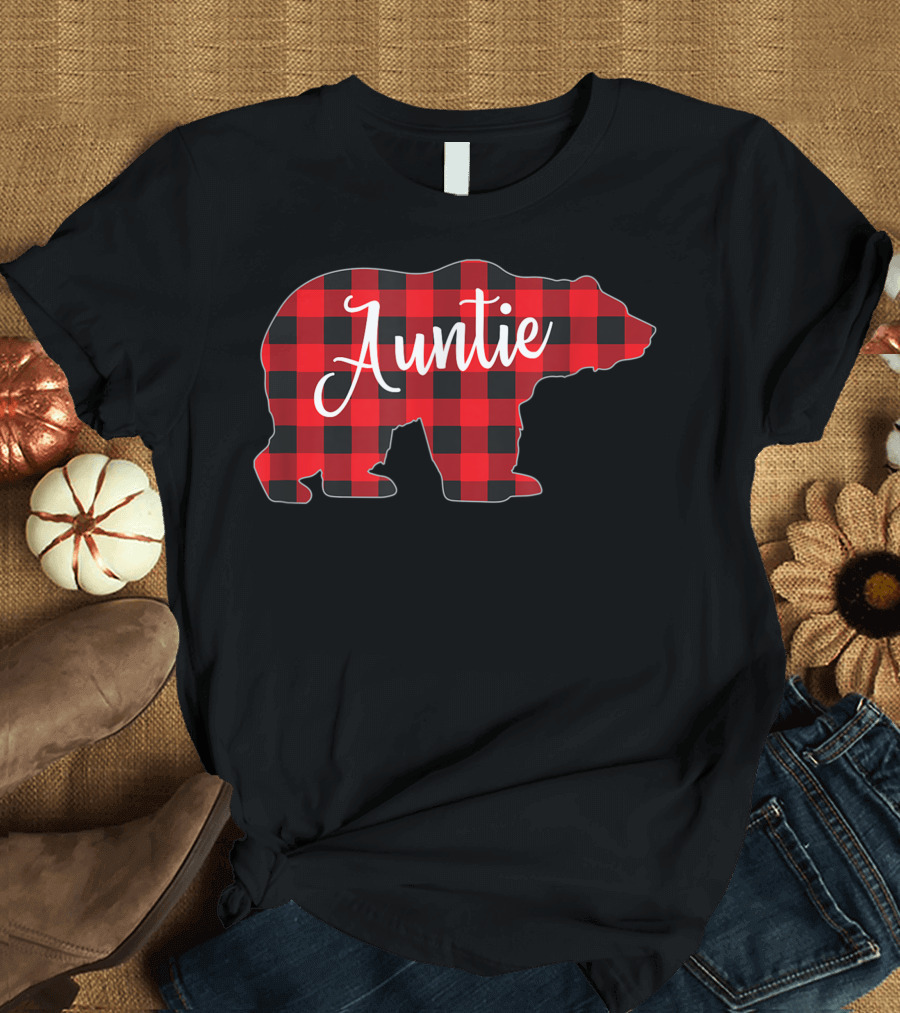 Auntie Bear Red Plaid Buffalo Check Family Matching T-Shirt