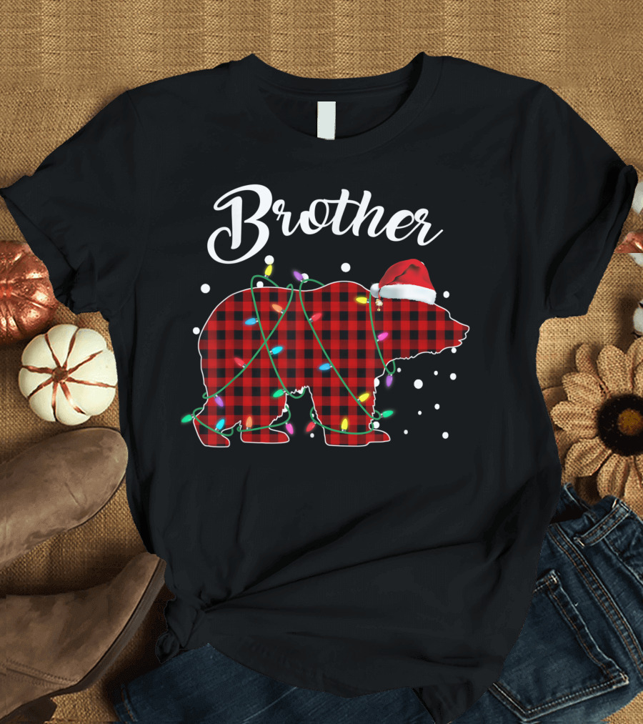 Brother Red Plaid Bear Christmas Lights Santa Hat Buffalo Matching T-Shirt