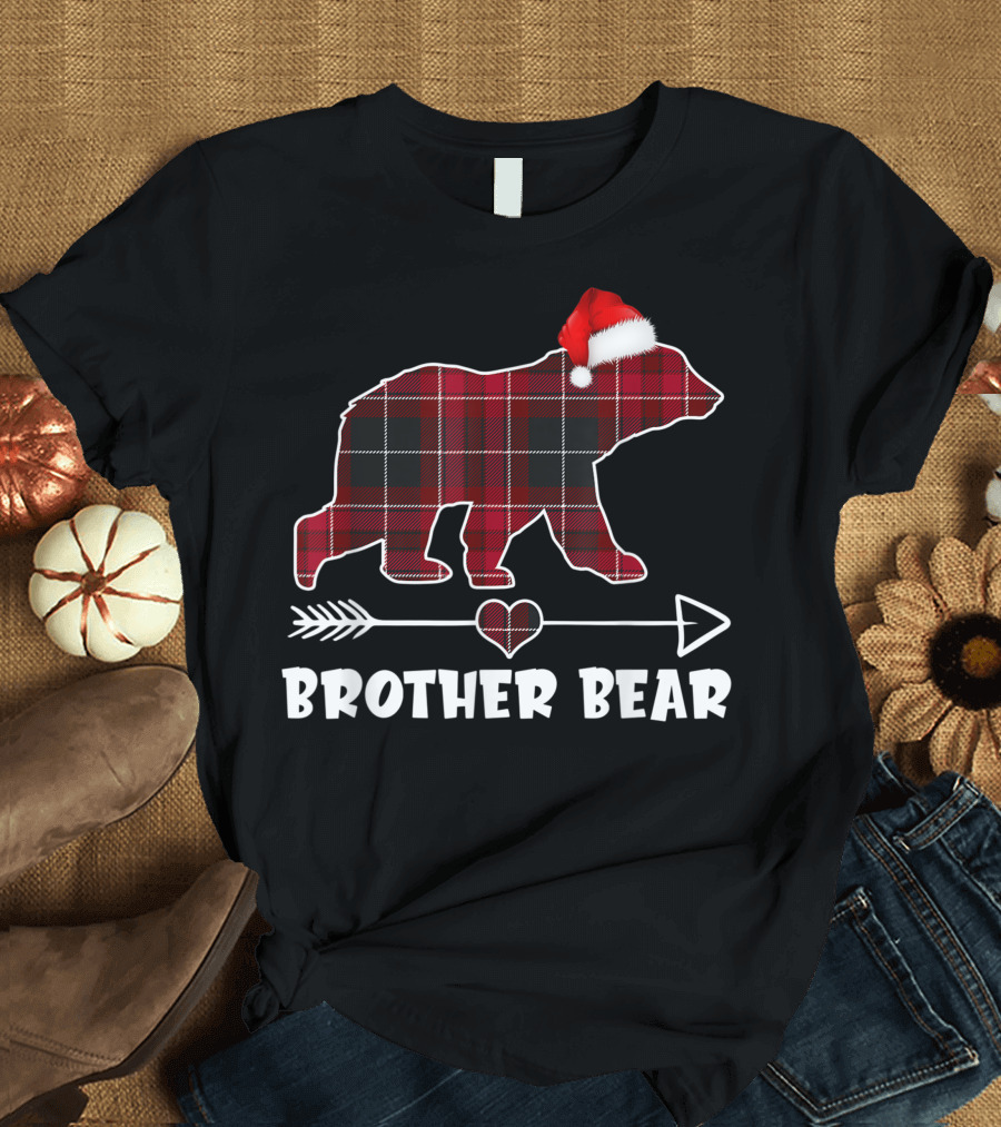 Brother Bear Red Plaid Buffalo Plaid Santa Hat Holiday Arrow Heart T-Shirt