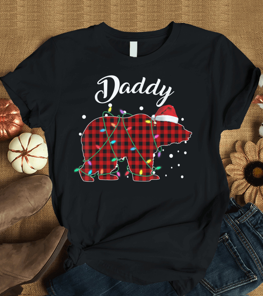 Daddy Bear Red Plaid Buffalo Santa Hat Christmas Lights T-Shirt