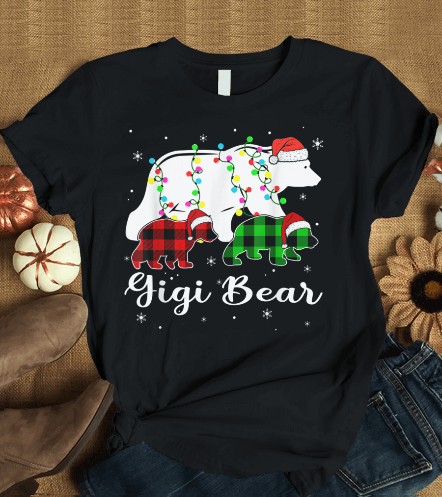 Gigi Bear Christmas Light Bears Red Green Plaid Santa Hat T-Shirt