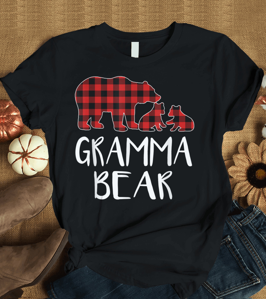 Gramma Bear Two Cubs Red Plaid Buffalo Check Matching T-Shirt