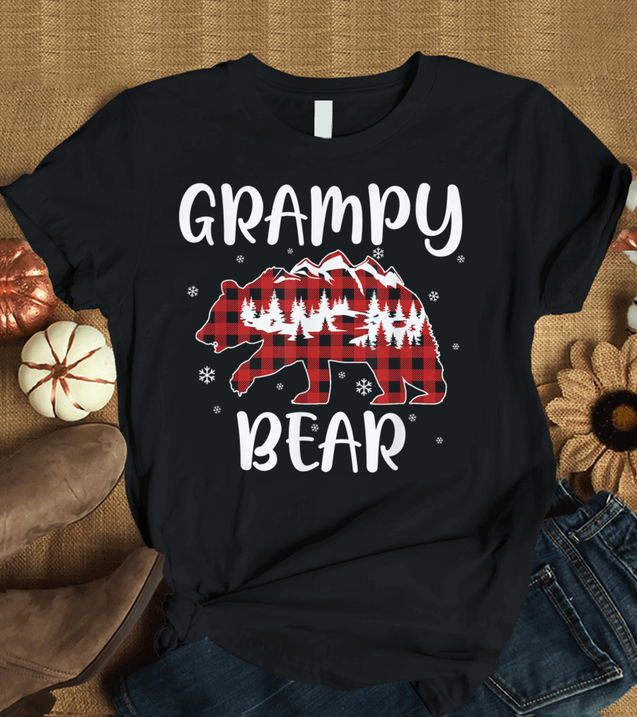 Grampy Bear Red Plaid Family Buffalo Check Snowflakes T-Shirt