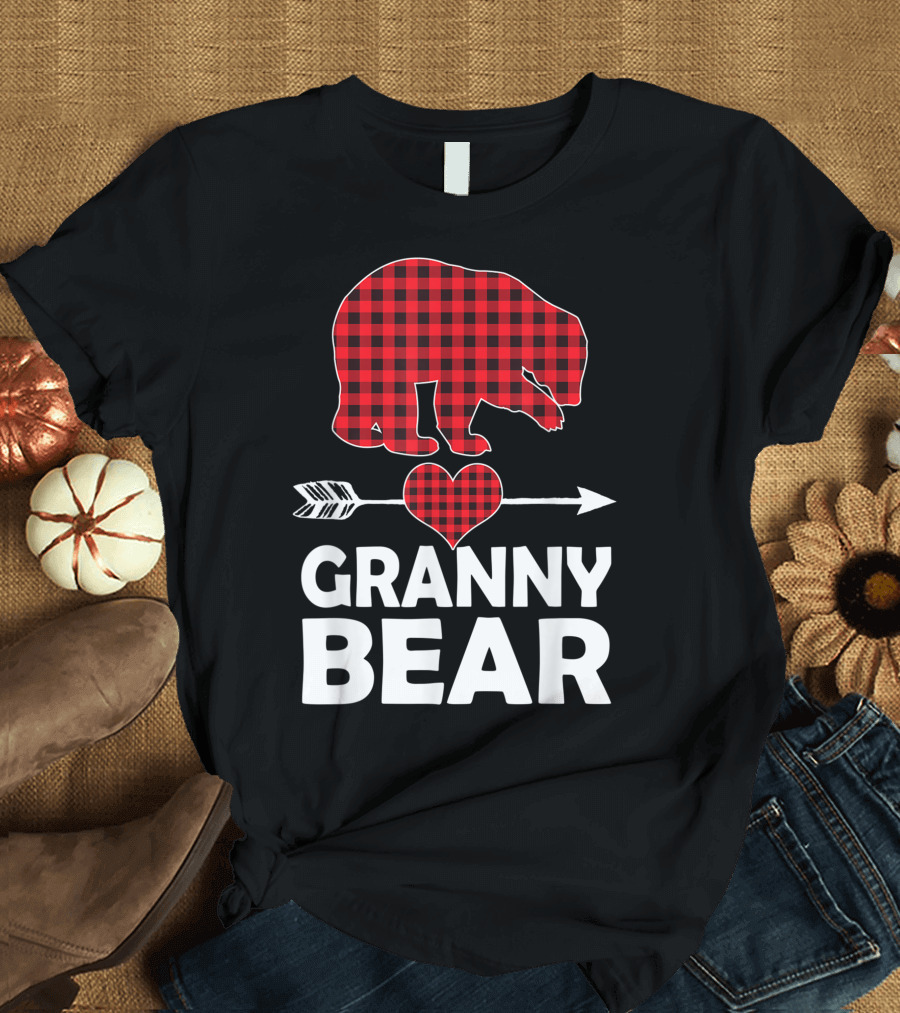 Granny Bear Red Plaid Buffalo Heart Arrow T-Shirt