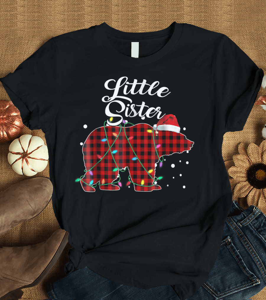 Little Sister Christmas Red Plaid Bear with Santa Hat and Holiday Lights Matching Buffalo T-Shirt