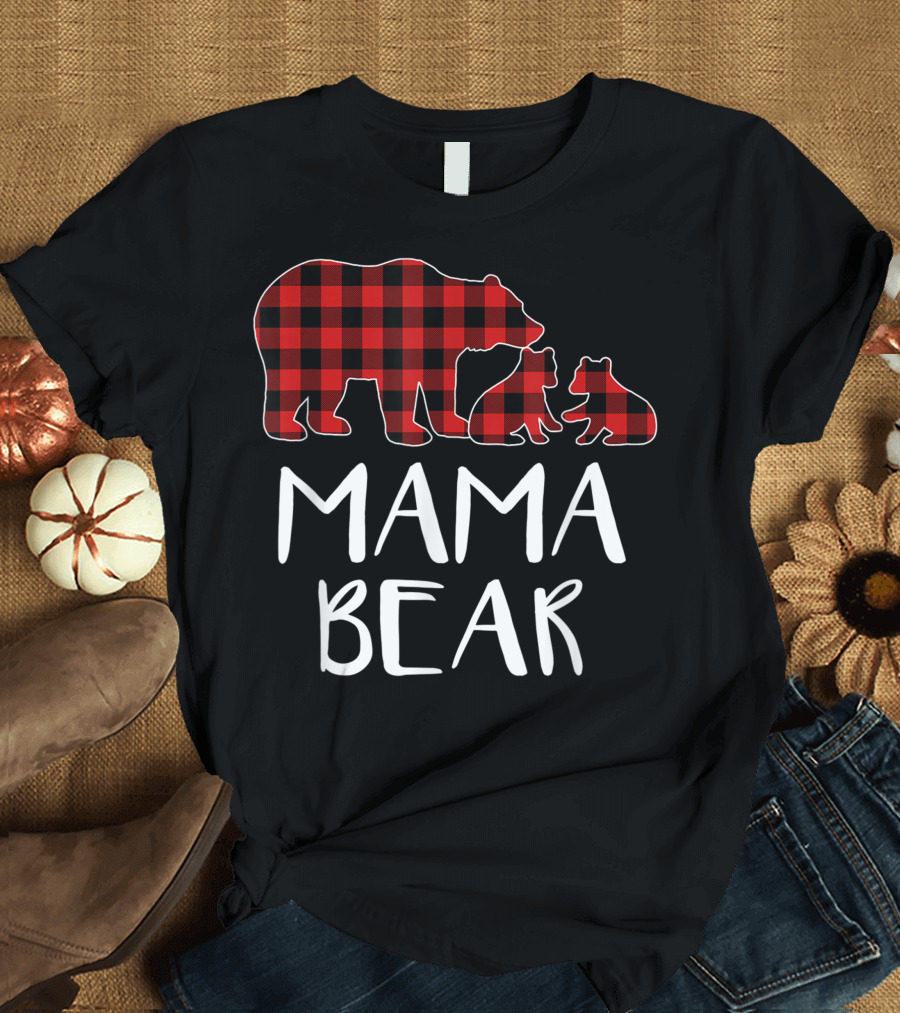 Mama Bear Red Plaid with Two Cubs Buffalo Check Matching T-Shirt