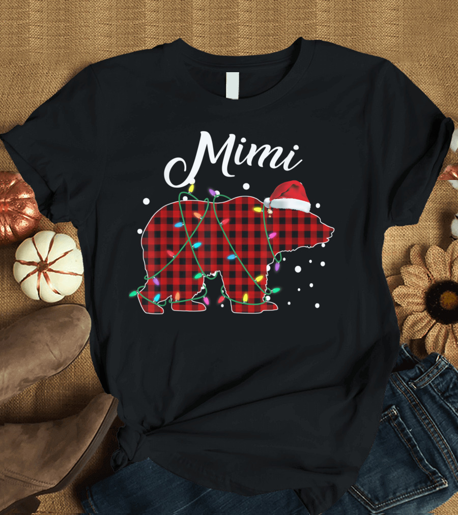 Mimi Red Plaid Bear Buffalo Christmas Lights Santa Hat T-Shirt