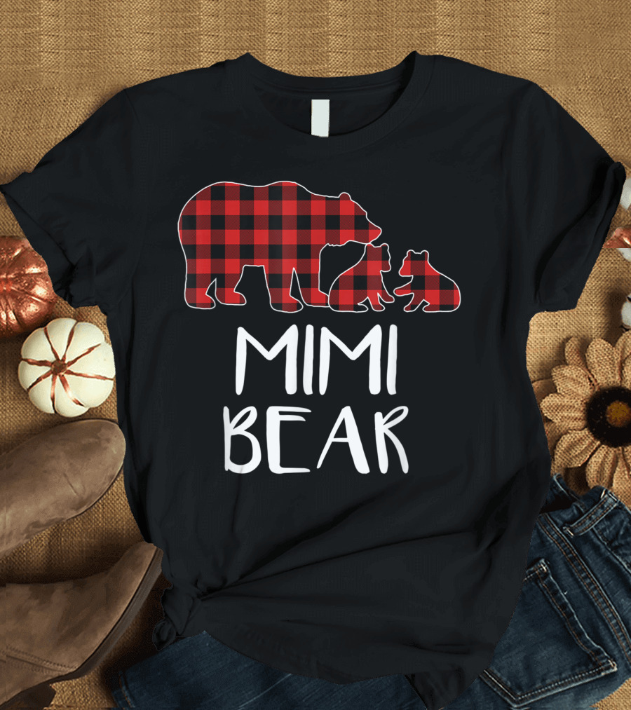 Mimi Bear Red Plaid Buffalo Matching Two Cubs T-Shirt