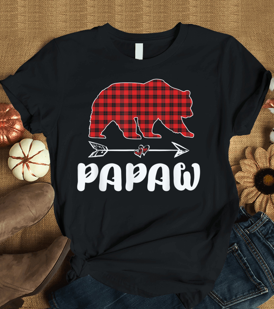 Red Plaid Bear Papaw Christmas Arrow Heart T-Shirt