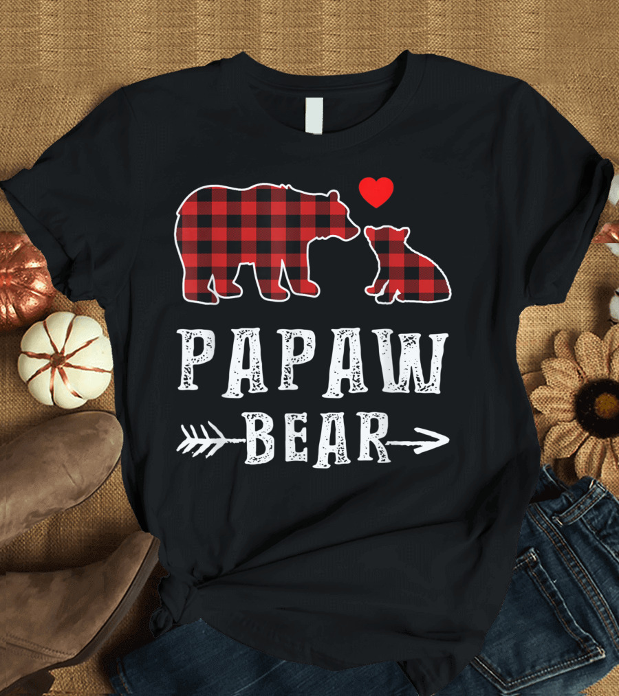 Red Plaid Papaw Bear with Cub and Heart T-Shirt