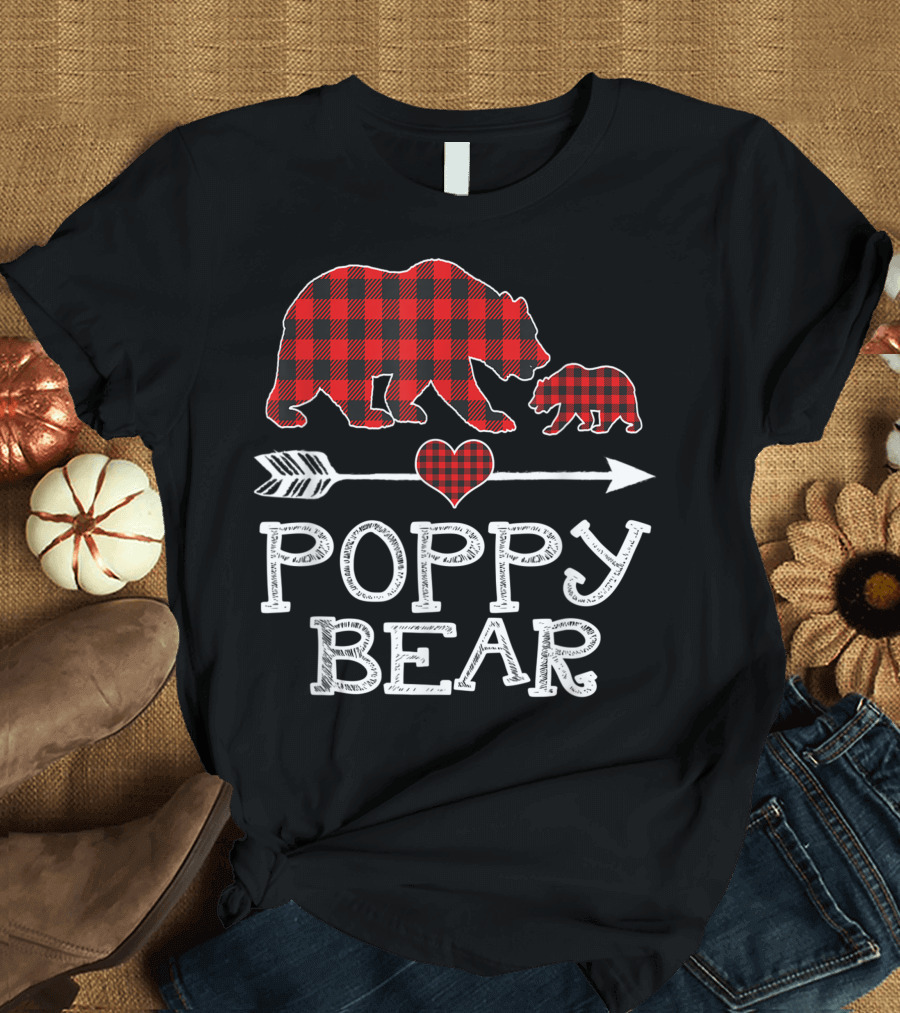 Red Plaid Poppy Bear Heart Arrow One Cub Matching Buffalo T-Shirt