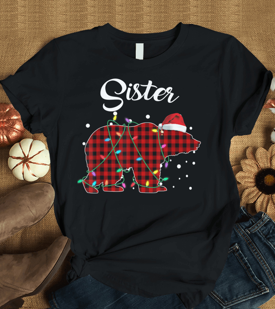 Sister Bear Red Plaid Christmas Buffalo Lights Santa Hat T-Shirt