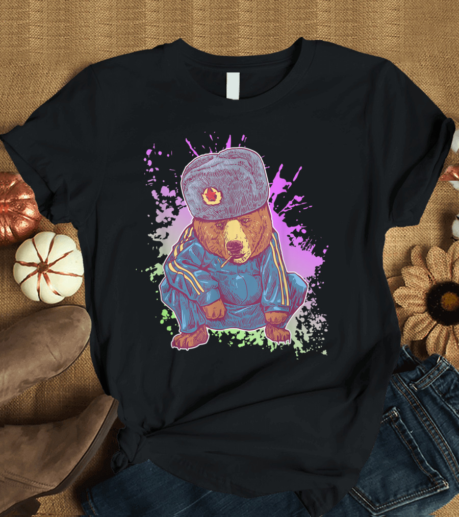 Siberian Bear in Tracksuit Performing Iconic Russian Squat with Ushanka Hat T-Shirt