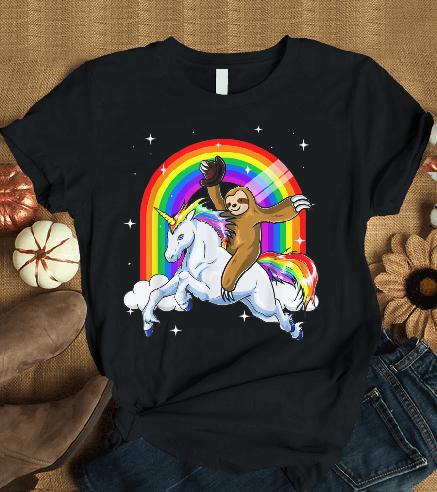 Slothicorn Riding Unicorn Rainbow Fantasy T-Shirt
