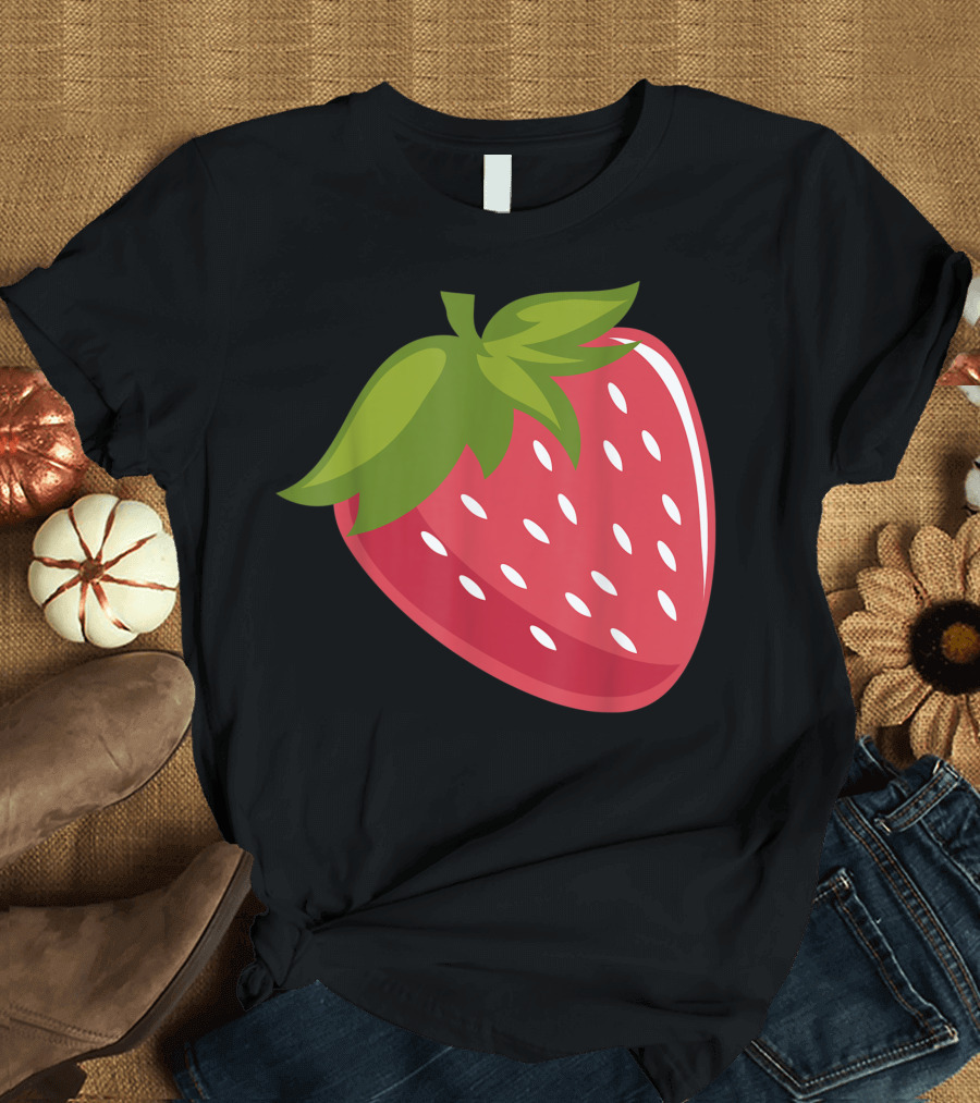 Strawberry Fruit Icon Vibrant Red Seeded Berry with Green Leaves T-Shirt