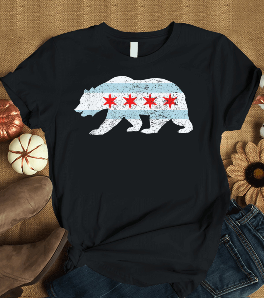 Sweet Vintage Chicago City Flag Bear Four Red Stars Blue Stripes T-Shirt