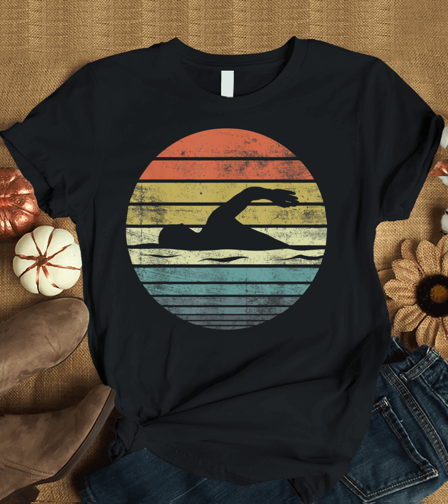 Swimmer Vintage Sunset Swim Coach Swimming Retro Stripes T-Shirt