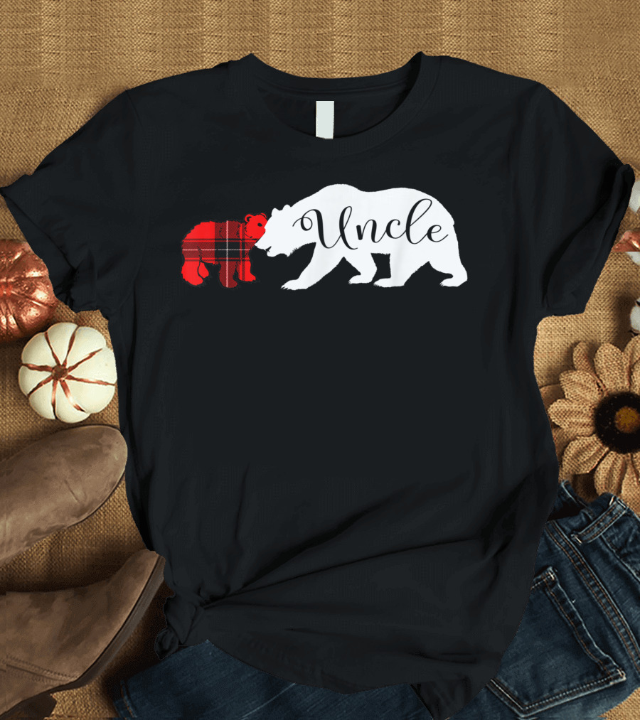 Uncle Bear White Silhouette with Red Plaid Cub Dad T-Shirt