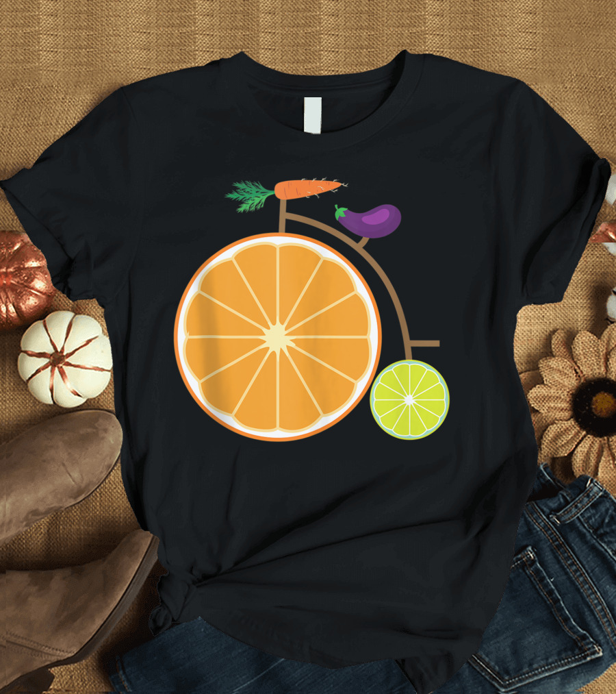 Vintage Bicycle Oranges Limes Carrots Eggplants Fruits Vegetables T-Shirt