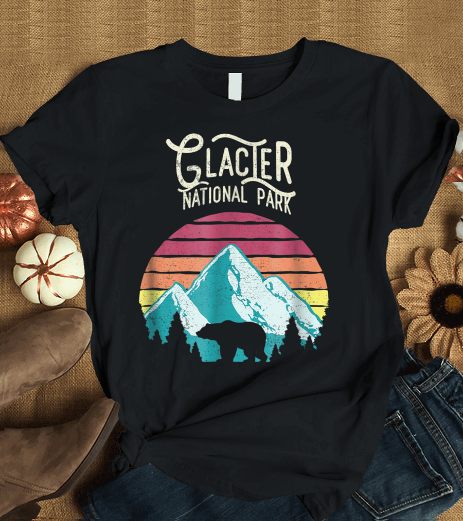 Glacier National Park Retro Mountain Bear with Sunset Stripes T-Shirt