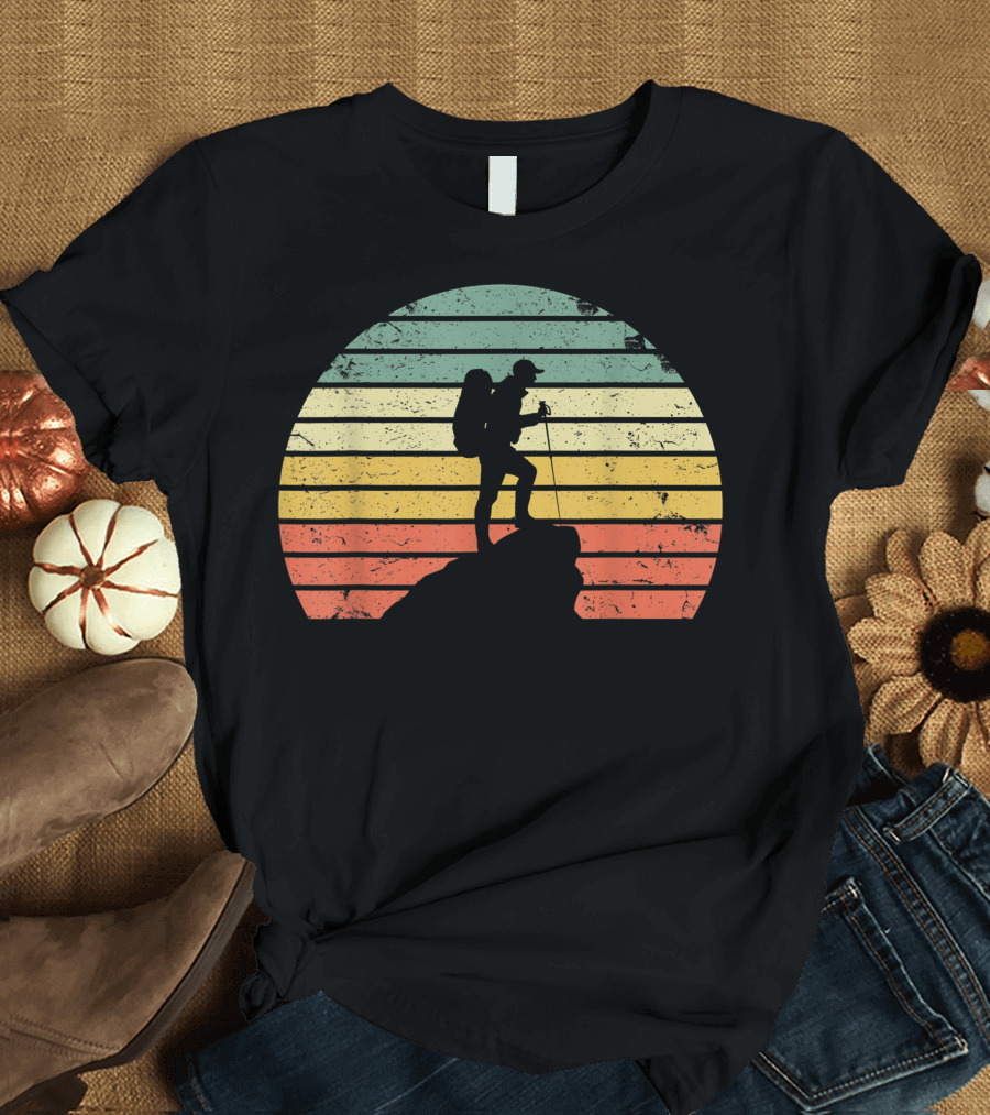 Vintage Hiking Hiker Silhouette On Rock At Sunset T-Shirt
