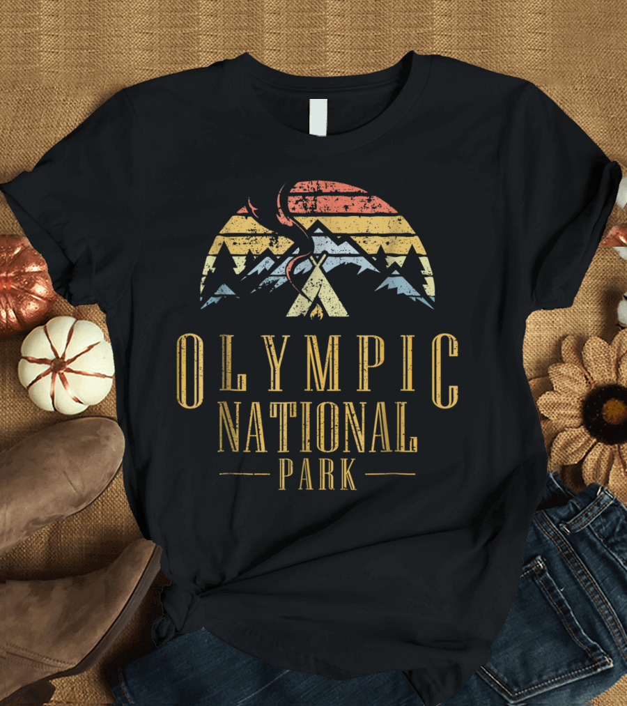 Olympic National Park Retro Campfire Mountain Scene T-Shirt