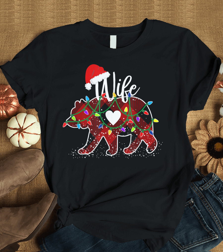 Wife Bear Christmas Red Buffalo Plaid Santa Hat Festive Lights T-Shirt