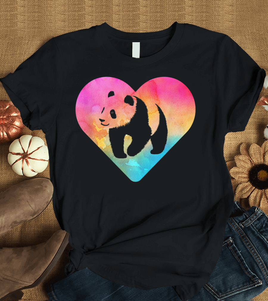Heart Shape Panda Bear in Rainbow Tie Dye Watercolor for Women or Girls T-Shirt