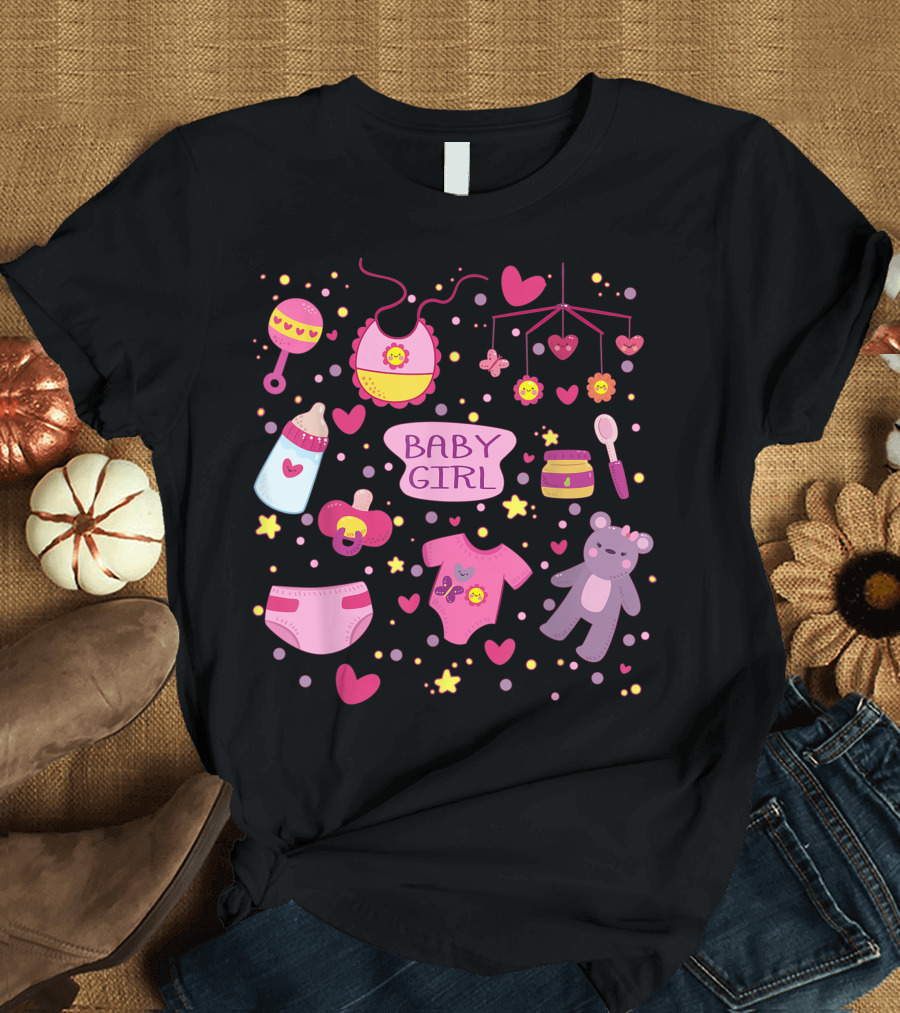 Baby Girl Collection Toy Bear Bottle Bib Mobile Hearts T-Shirt