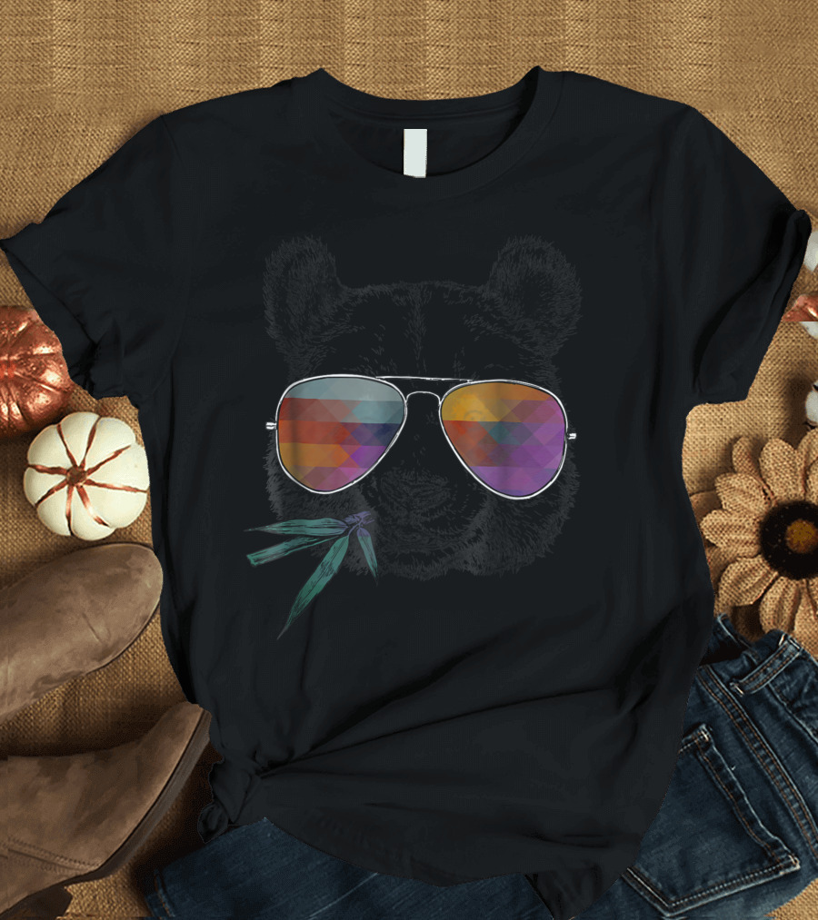 Panda Bear with Colorful Sunglasses and Bamboo T-Shirt
