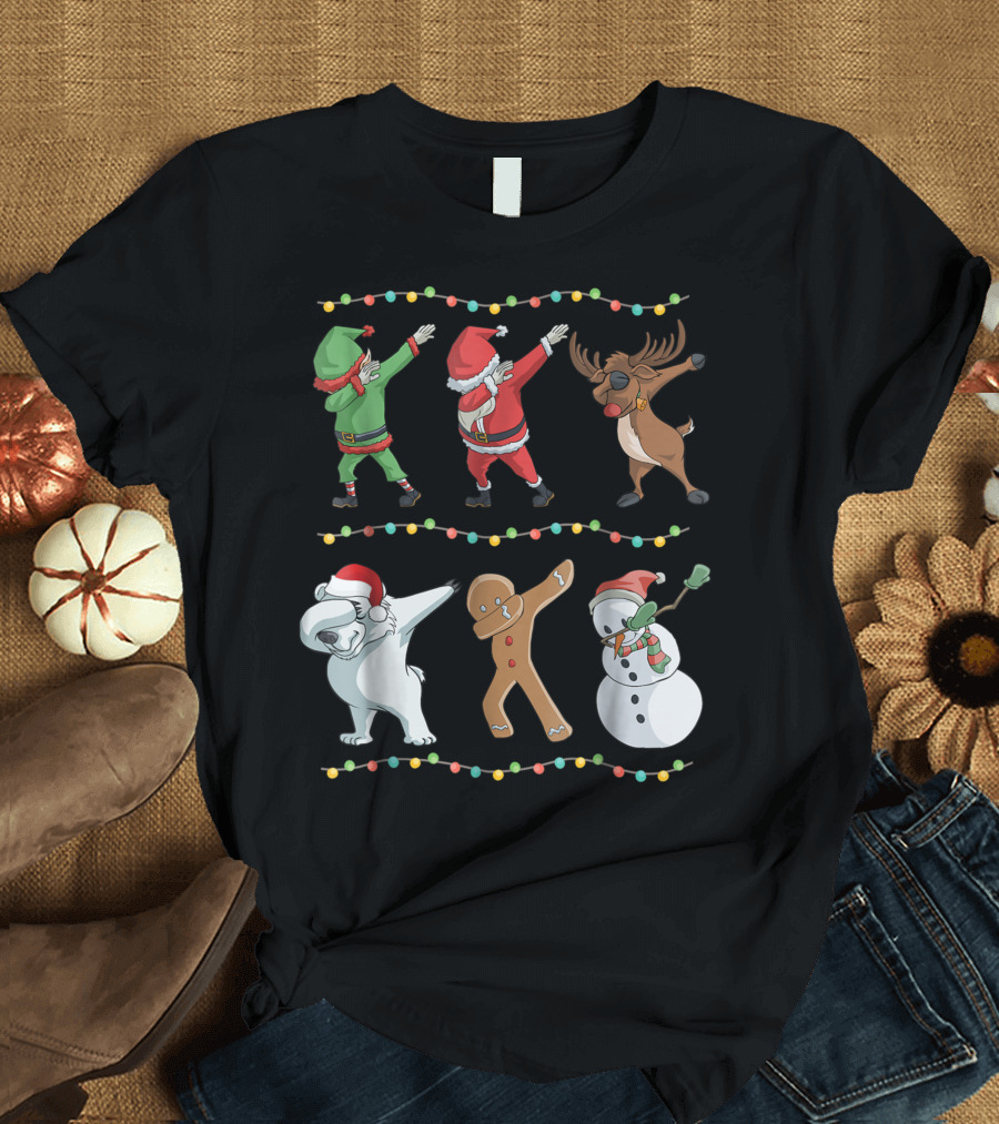 Dabbing Santa Reindeer Elf Gingerbread Snowman Polar Bear Christmas Lights T-Shirt