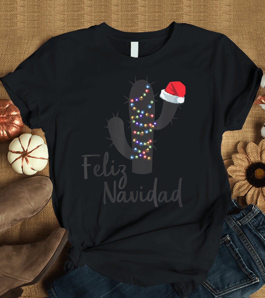 Feliz Navidad Cactus Christmas Lights Santa Hat T-Shirt