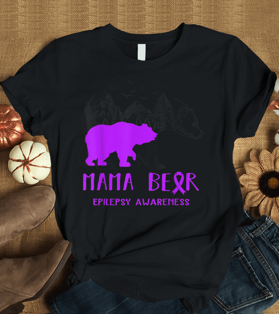Mama Bear Epilepsy Awareness Purple Ribbon Forest Bear T-Shirt