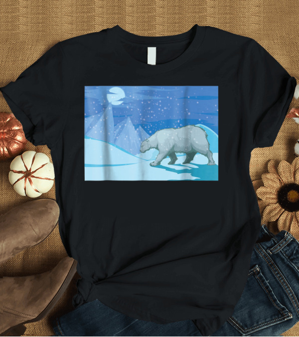 T-Shirt: Roaming Polar Bear Night Walk in Arctic Snowy Mountains T-Shirt Roaming Polar Bear Night Walk in Arctic Snowy Mountains T-Shirt
