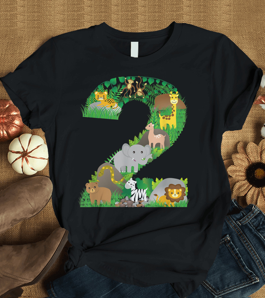 Safari Jungle Zoo Animals Second Birthday Number Two T-Shirt