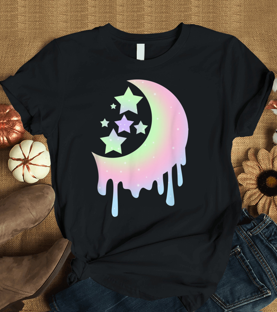Pastel Moon Goth Aesthetic Clothing for Girls with Dripping Stars T-Shirt