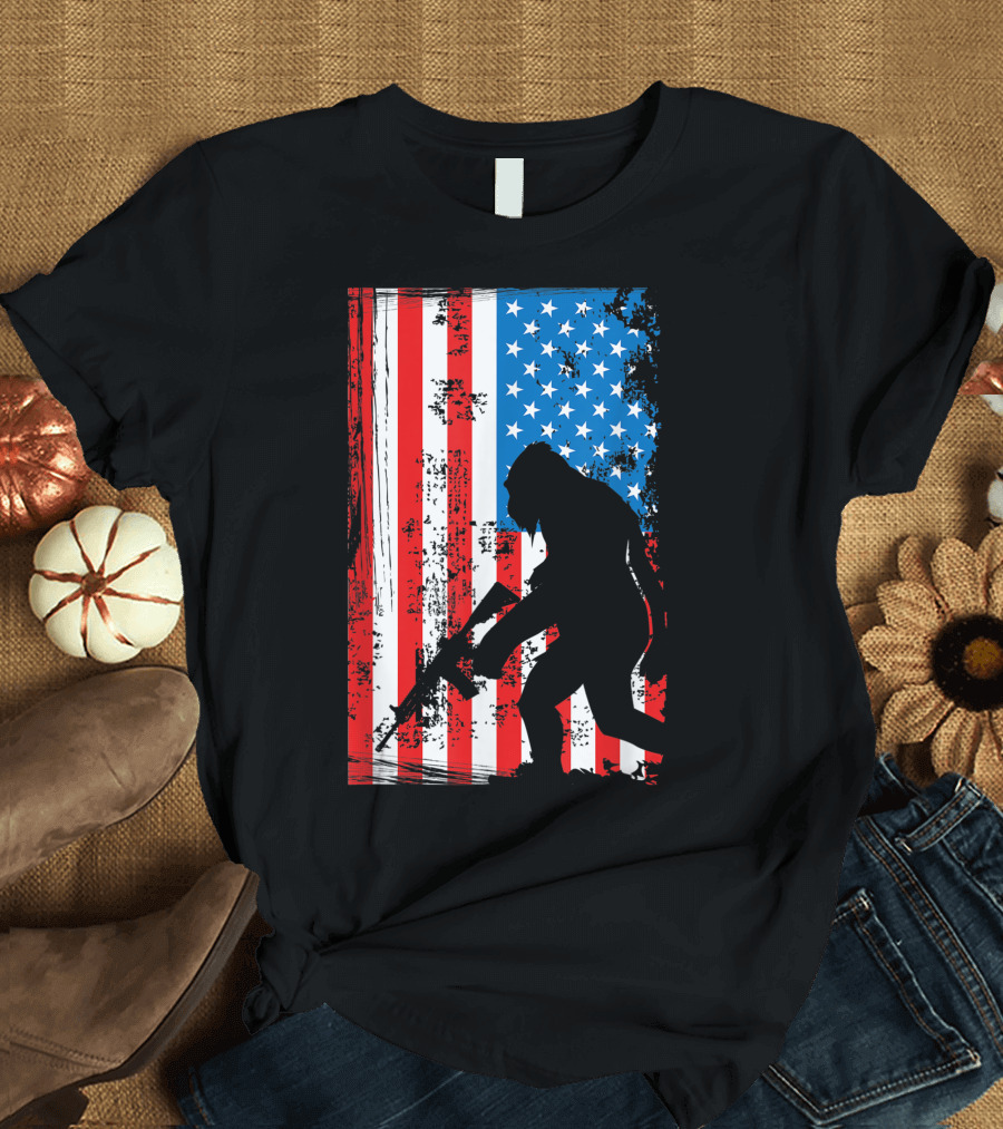 Bigfoot Sasquatch Armed AR-15 American Flag Patriotic T-Shirt