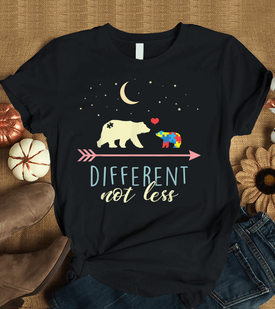Different Not Less Autism Awareness Mama Bear Puzzle Heart Moon Stars T-Shirt