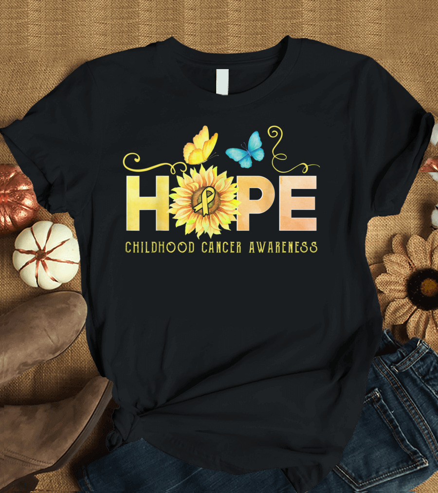 HOPE Sunflower Yellow Ribbon Butterfly Childhood Cancer Awareness T-Shirt
