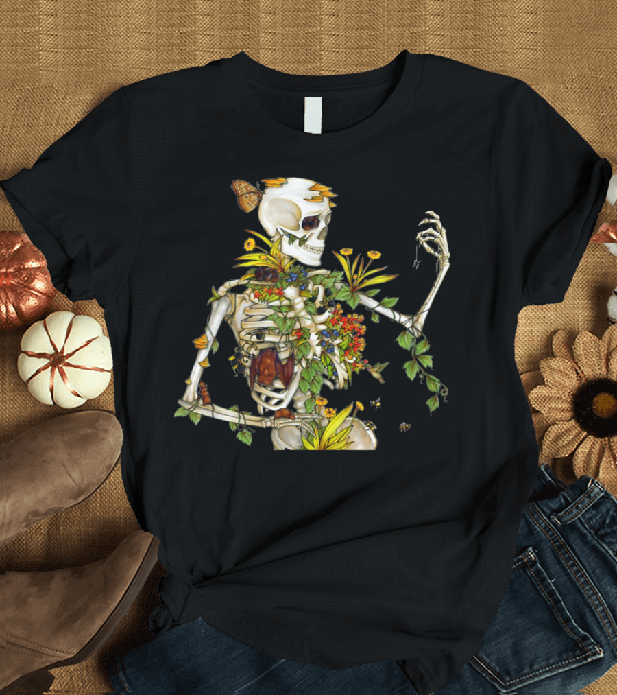 Cool Skeleton Plant Nature Flowers and Butterflies T-Shirt