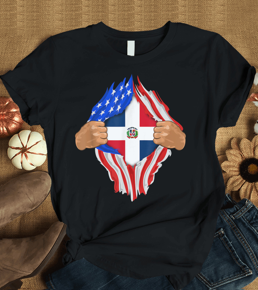 Dominican Blood Inside Me Dominican Republic Flag American Flag Ripped Open Hands T-Shirt