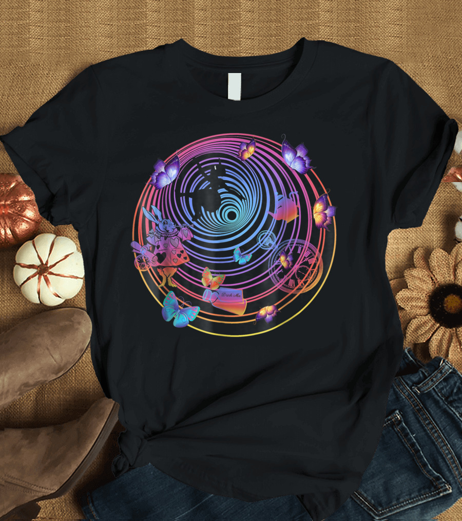 Down The Rabbit Hole Alice In Wonderland Clock Butterfly Magic Drink Me Adventure T-Shirt