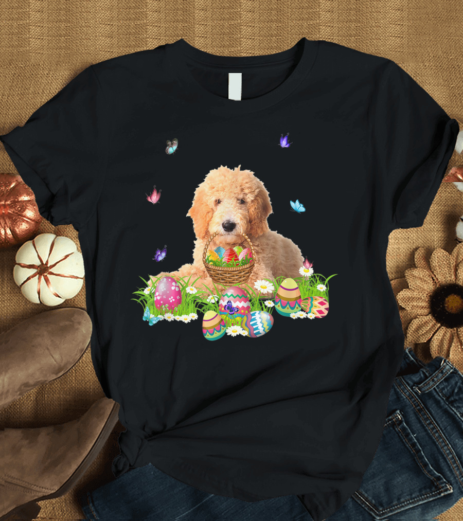 Goldendoodle with Easter Egg Basket and Butterflies T-Shirt