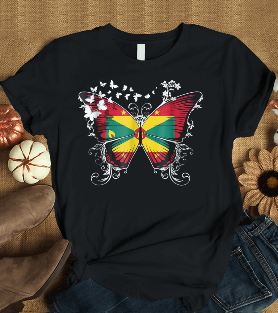 Grenada Flag Butterfly Floral Swirl T-Shirt